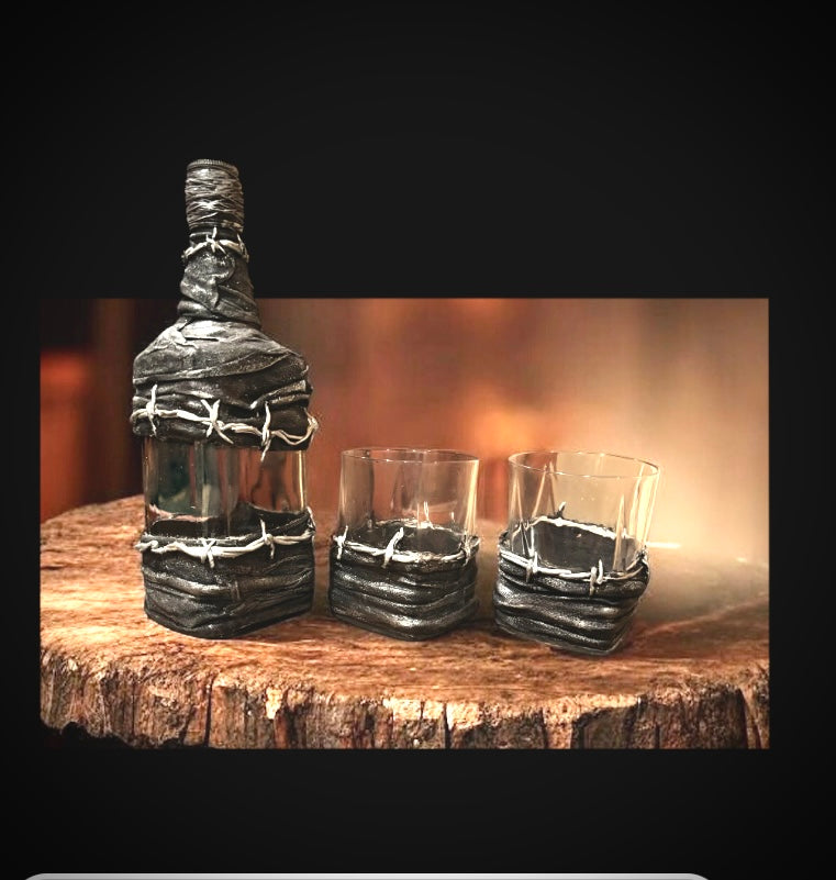 Hand Painted Barb Wire Whisky bottle and glasses