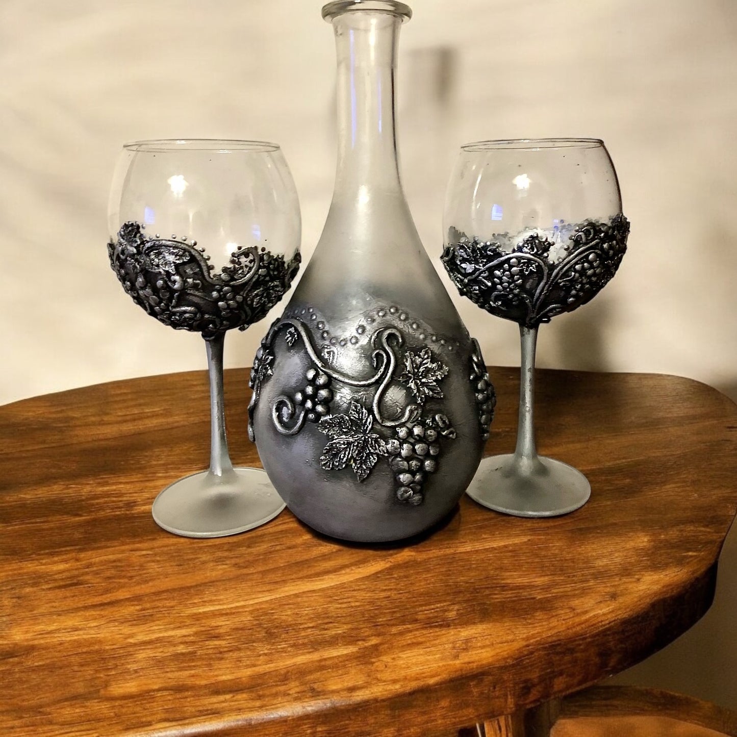 Hand Painted wine set. Aged metal affect.