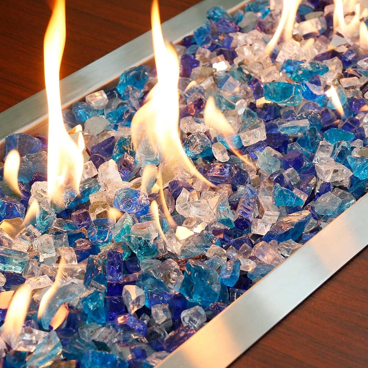 Fire Glass for Fire Pit, 1/2 Inch 20 Pounds High Luster Reflective Tempered Glass Rocks for Natural or Propane Fireplace, Safe for Outdoors and Indoors Bahama Blend Fire Pit Glass