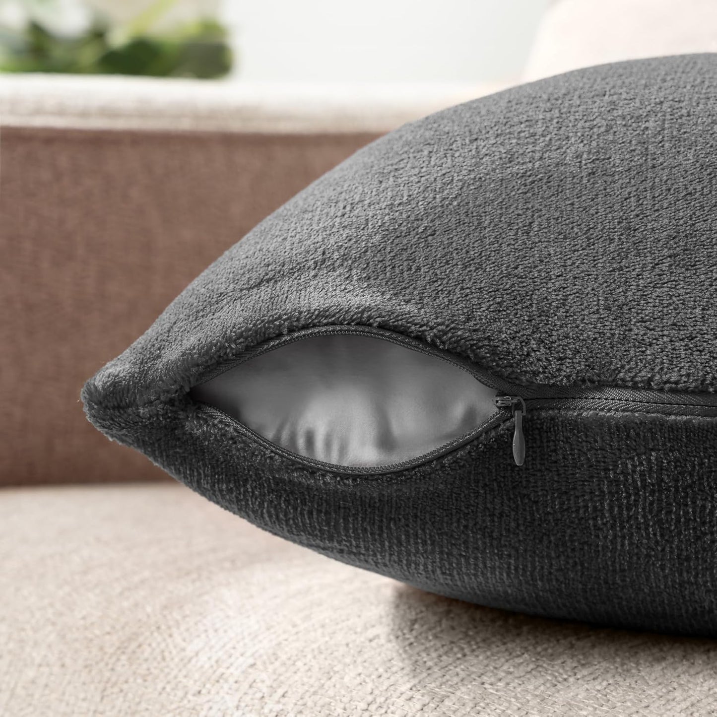 Decorative Throw Pillow Covers, Set of 2, 18X18, Solid Dark Gray | Square Pillow Case for Sofa Couch Bed Bedroom Living Room | Fleece Velvet Plush Soft Decor Accent Zipper Euro Cushion Cover