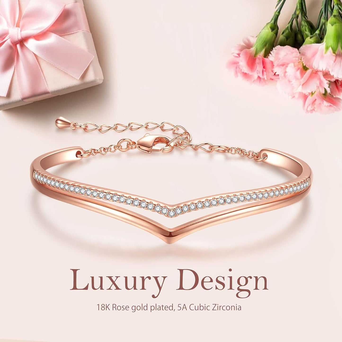 Minimalistic Bracelets for Women 18K White/Rose Gold Plated Charm Silver Tone Bracelet 5A Cubic Zirconia Jewelry Christmas Birthday Valentine Mother'S Day Gifts for Her Mom Girlfriend Wife