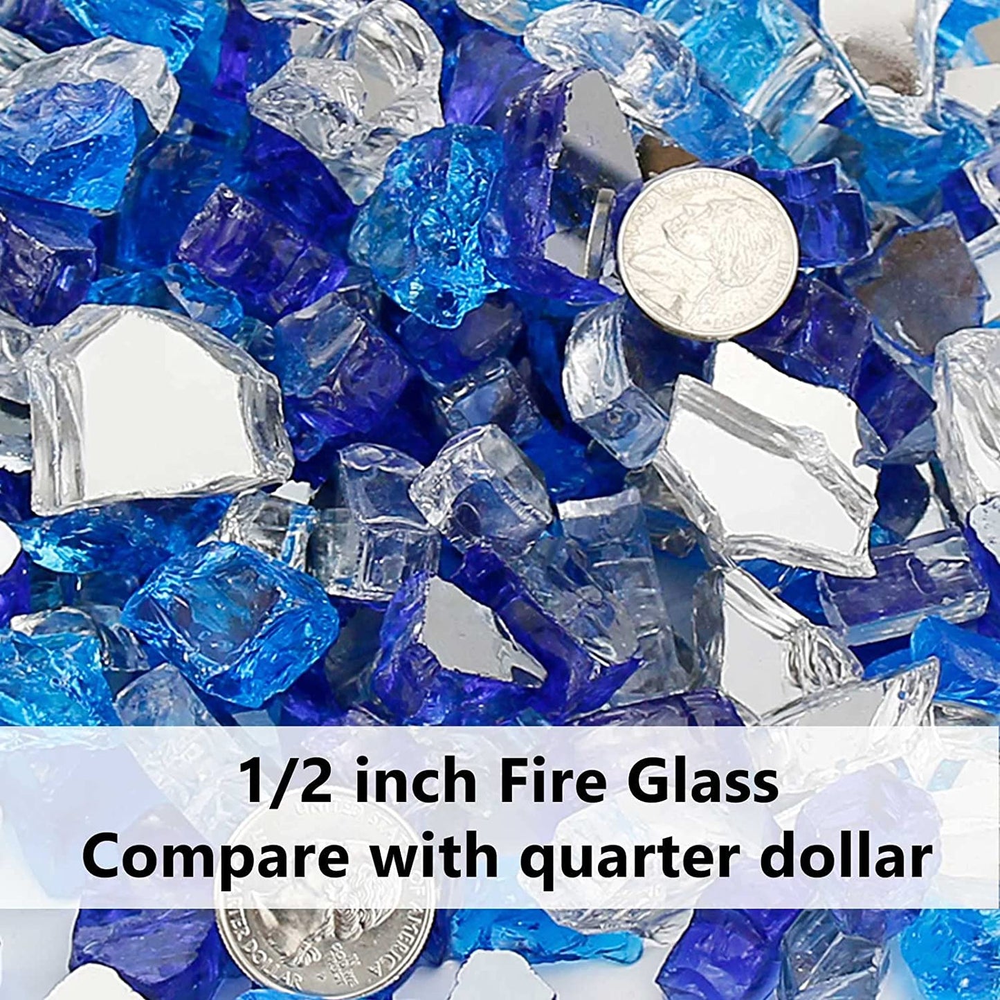 Fire Glass for Fire Pit, 1/2 Inch 20 Pounds High Luster Reflective Tempered Glass Rocks for Natural or Propane Fireplace, Safe for Outdoors and Indoors Bahama Blend Fire Pit Glass