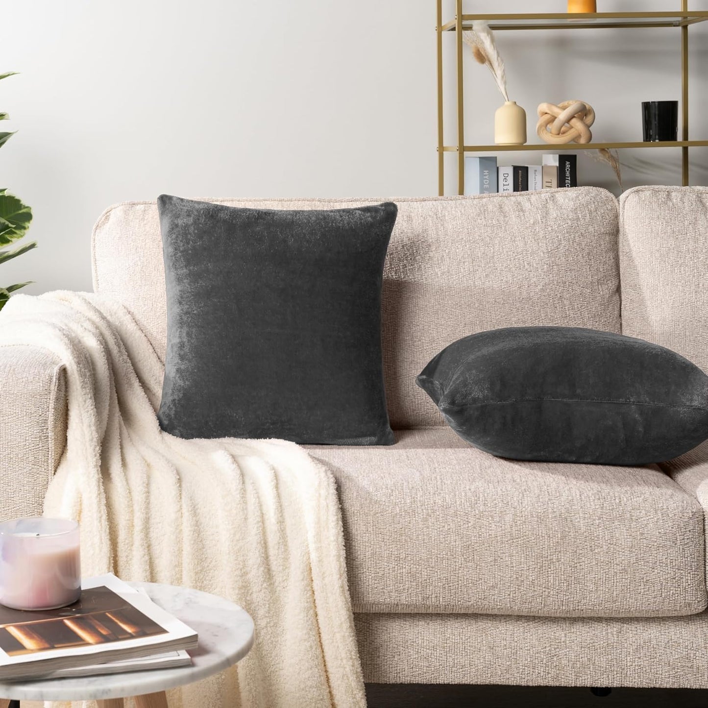 Decorative Throw Pillow Covers, Set of 2, 18X18, Solid Dark Gray | Square Pillow Case for Sofa Couch Bed Bedroom Living Room | Fleece Velvet Plush Soft Decor Accent Zipper Euro Cushion Cover