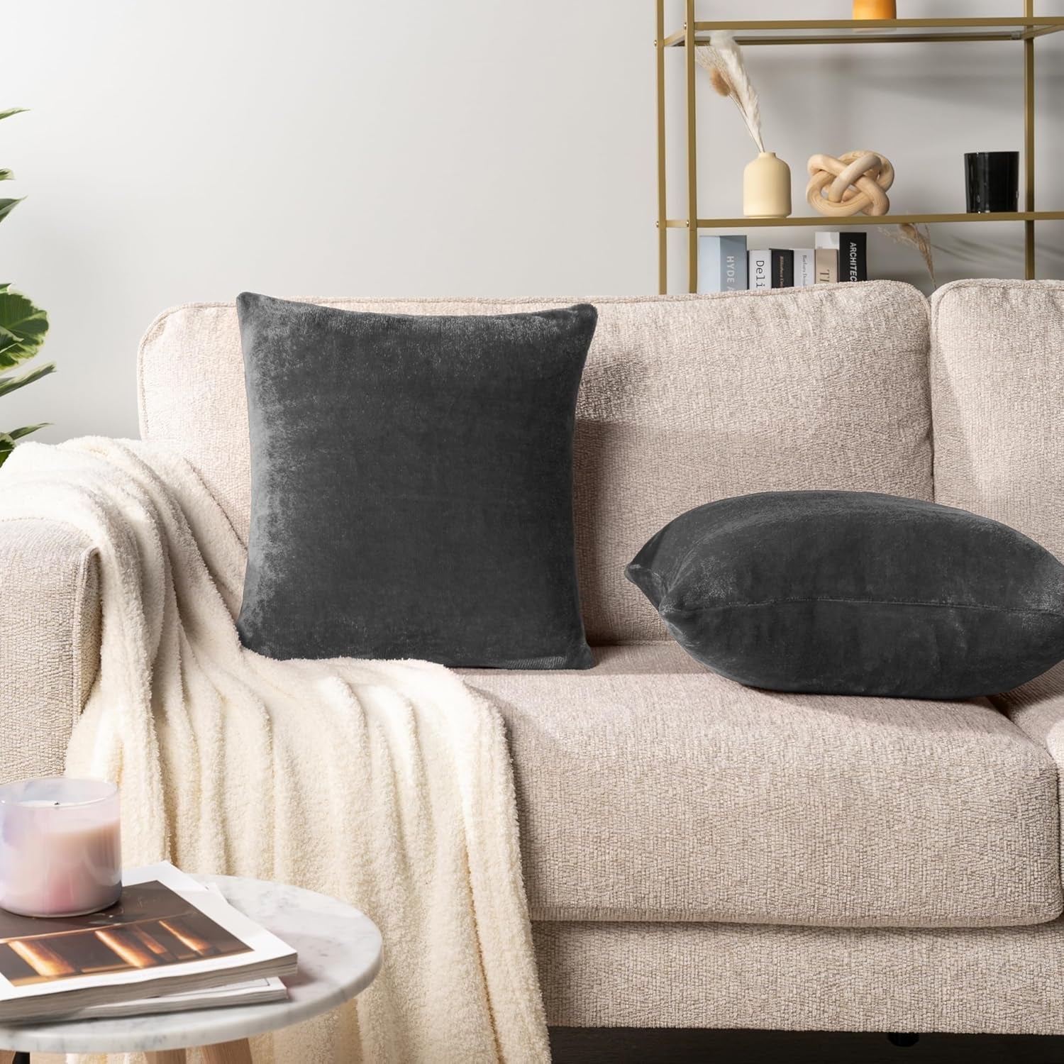 Decorative Throw Pillow Covers, Set of 2, 18X18, Solid Dark Gray | Square Pillow Case for Sofa Couch Bed Bedroom Living Room | Fleece Velvet Plush Soft Decor Accent Zipper Euro Cushion Cover