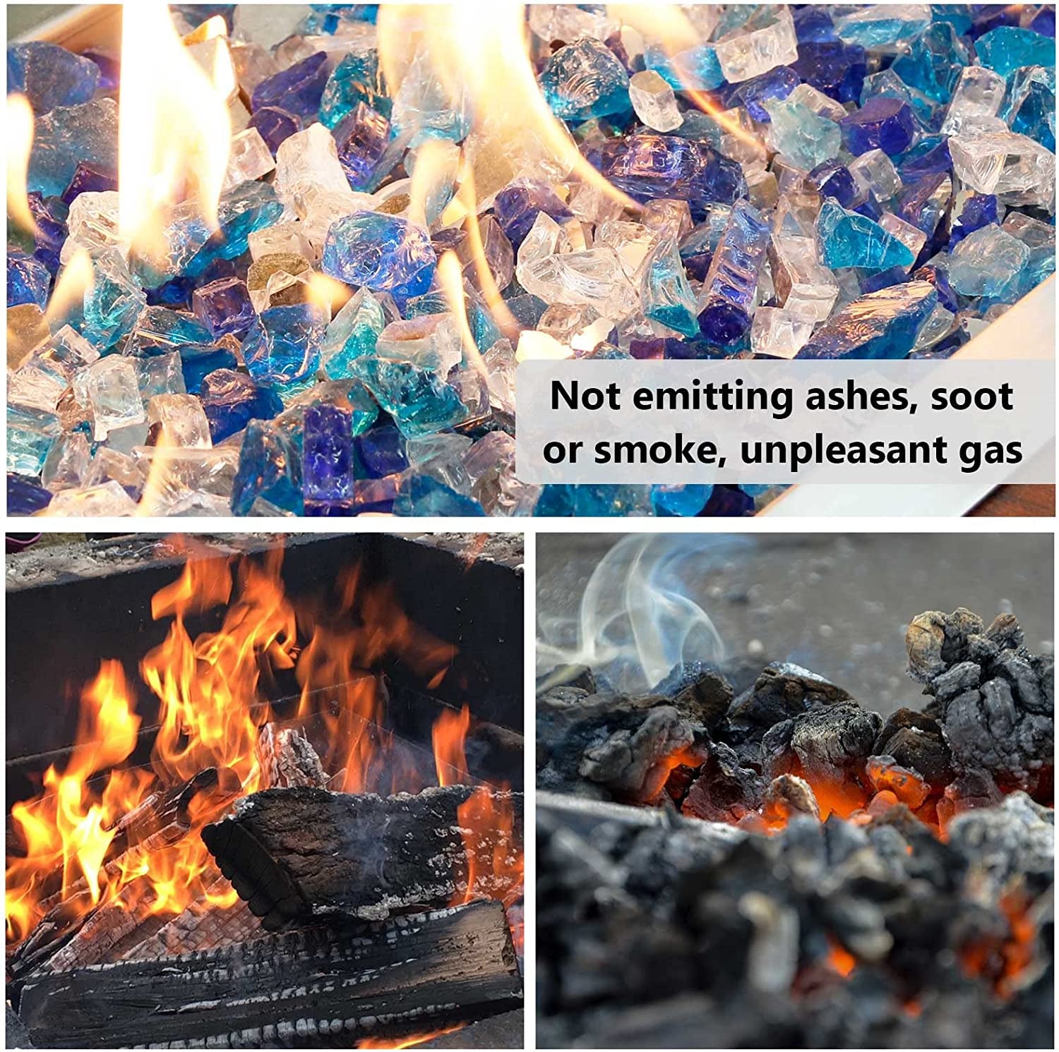 Fire Glass for Fire Pit, 1/2 Inch 20 Pounds High Luster Reflective Tempered Glass Rocks for Natural or Propane Fireplace, Safe for Outdoors and Indoors Bahama Blend Fire Pit Glass