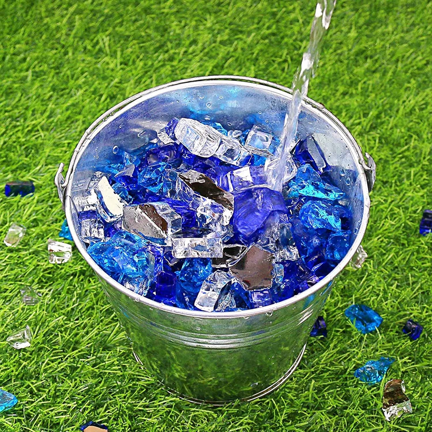 Fire Glass for Fire Pit, 1/2 Inch 20 Pounds High Luster Reflective Tempered Glass Rocks for Natural or Propane Fireplace, Safe for Outdoors and Indoors Bahama Blend Fire Pit Glass