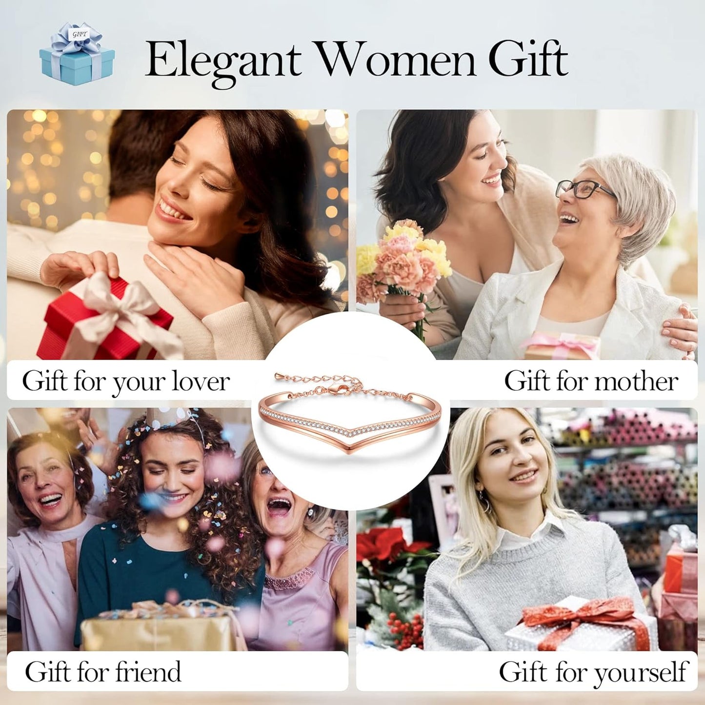 Minimalistic Bracelets for Women 18K White/Rose Gold Plated Charm Silver Tone Bracelet 5A Cubic Zirconia Jewelry Christmas Birthday Valentine Mother'S Day Gifts for Her Mom Girlfriend Wife