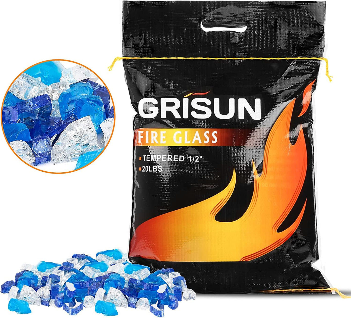 Fire Glass for Fire Pit, 1/2 Inch 20 Pounds High Luster Reflective Tempered Glass Rocks for Natural or Propane Fireplace, Safe for Outdoors and Indoors Bahama Blend Fire Pit Glass