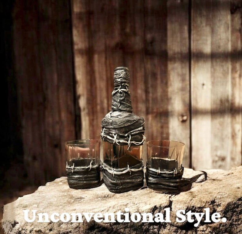 Hand Painted Barb Wire Whisky bottle and glasses