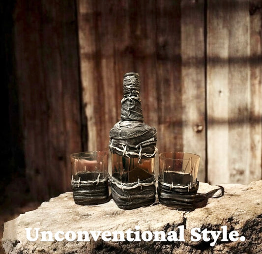 Hand Painted Barb Wire Whisky bottle and glasses