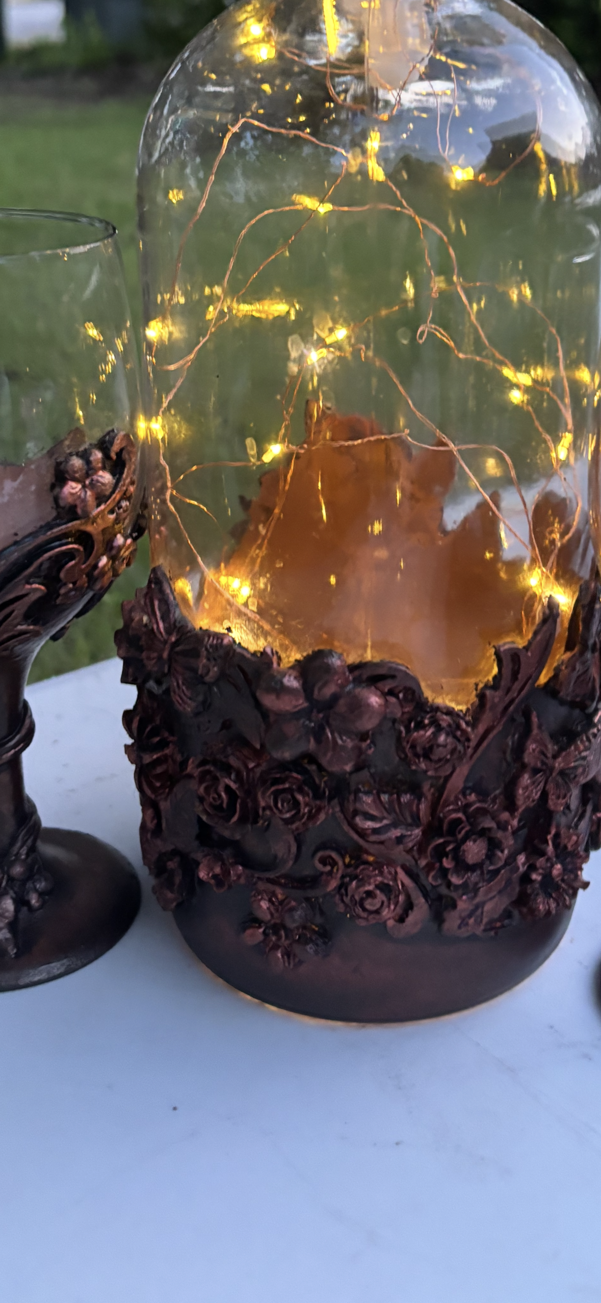 Wine bottle and glasses.  Aged metallic effect.  Copper look