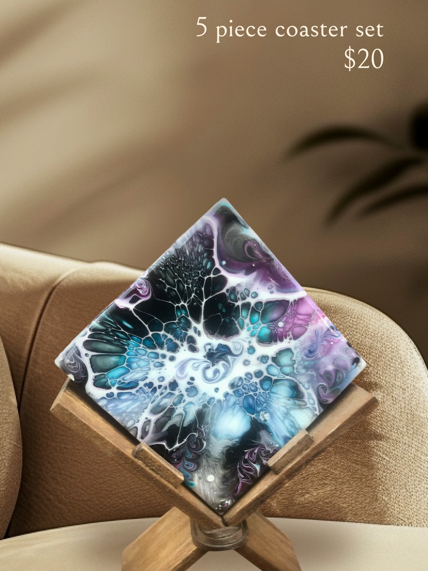 Hand Painted Abstract Paint Pour Bloom Coasters with Stand