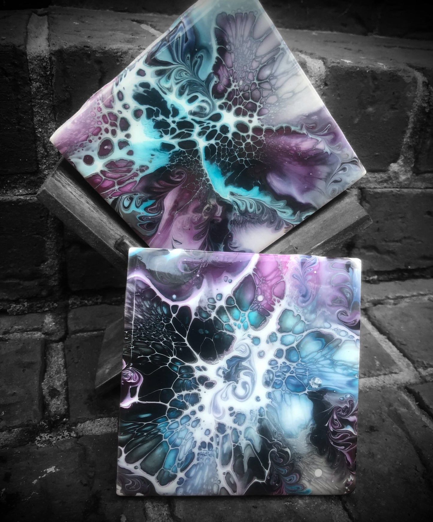 Hand Painted Abstract Paint Pour Bloom Coasters with Stand