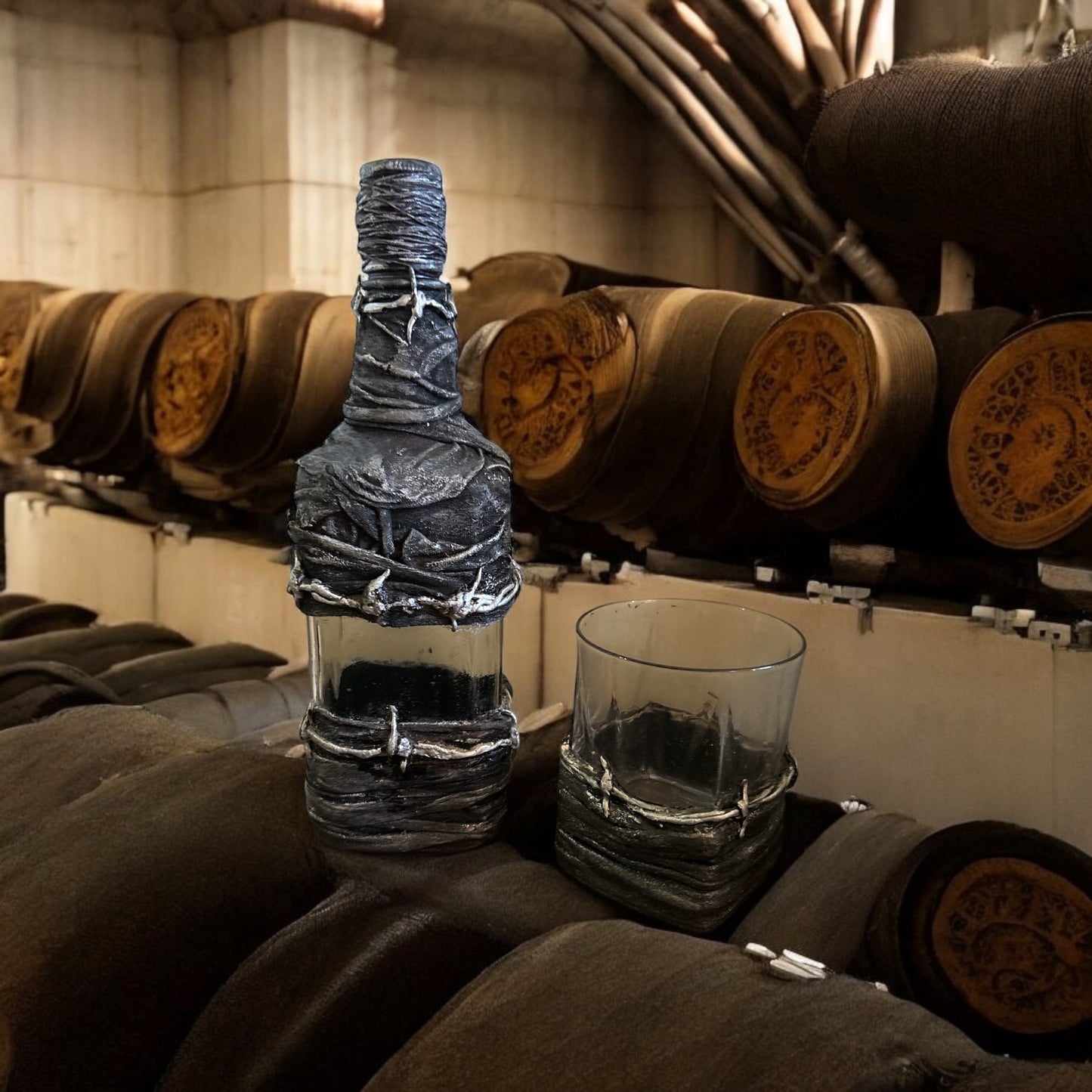 Hand Painted Barb Wire Whisky bottle and glasses