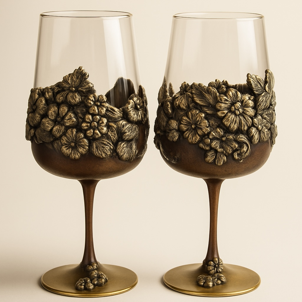 2 pc Set hand painted wine glasses antique bronze effect