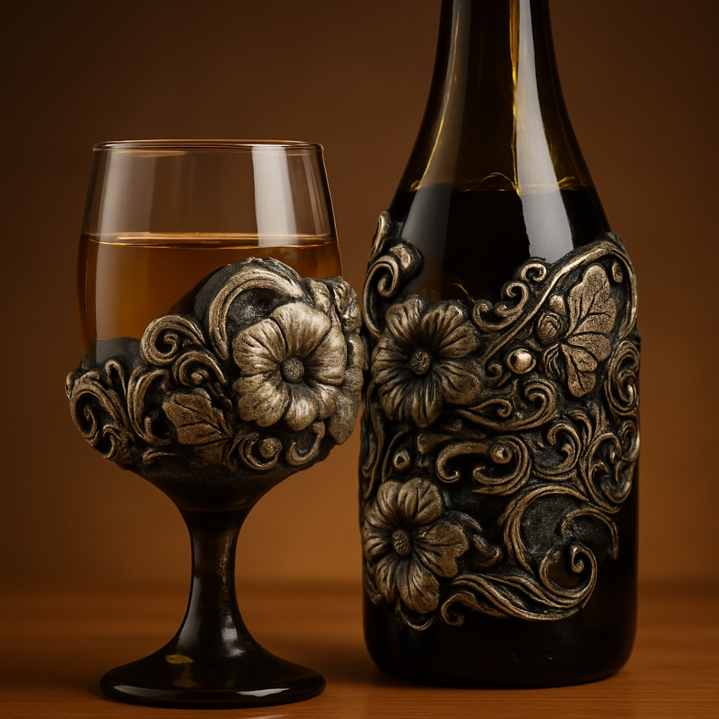 4 pc set decorated wine bottle, 2 Wine Glasses and wood Glass Holder