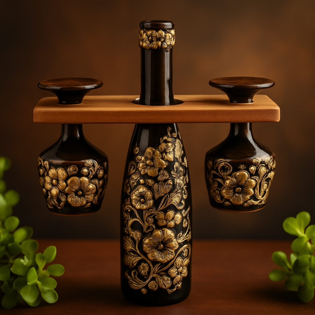4 pc set decorated wine bottle, 2 Wine Glasses and wood Glass Holder