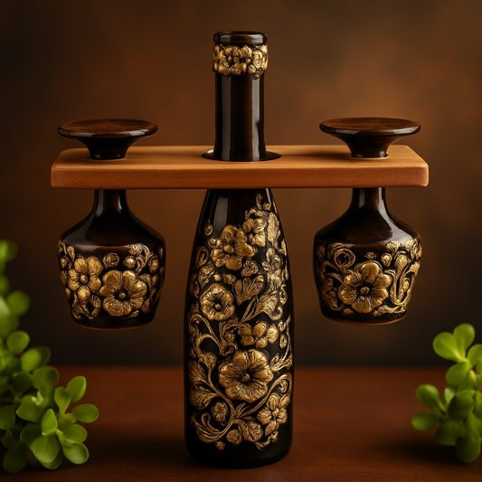 4 pc set decorated wine bottle, 2 Wine Glasses and wood Glass Holder