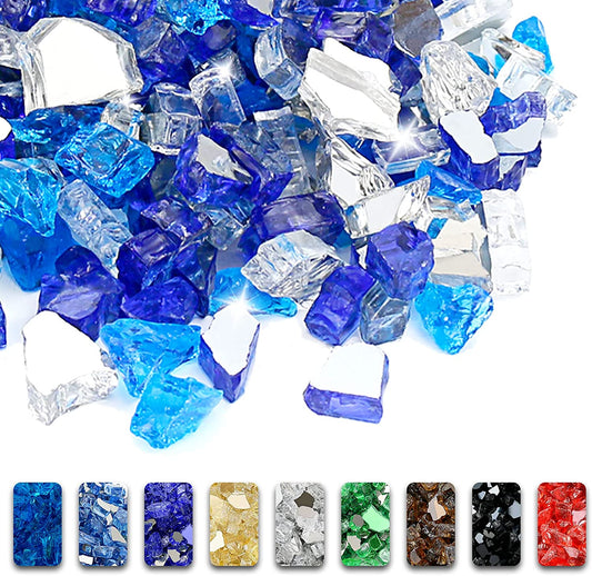 Fire Glass for Fire Pit, 1/2 Inch 20 Pounds High Luster Reflective Tempered Glass Rocks for Natural or Propane Fireplace, Safe for Outdoors and Indoors Bahama Blend Fire Pit Glass