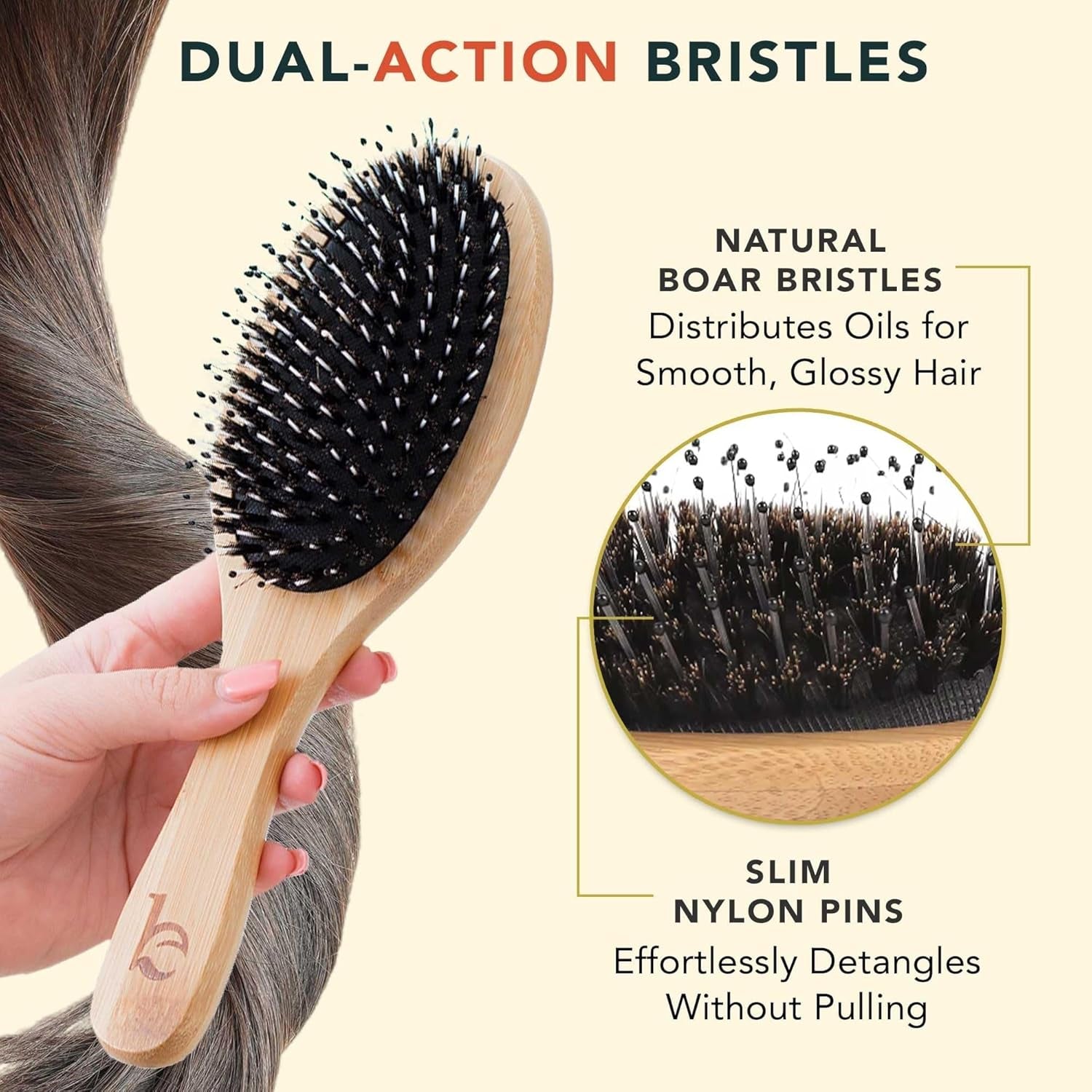 Boar Bristle Hair Brush - Hair Brushes for Women, Curly Hair Brush with Nylon Pins, Detangler Brush, Wooden Hair Brush for Men, Bamboo Brush for Curly Hair, Hairbrush for Women, Boar Bristle Brush
